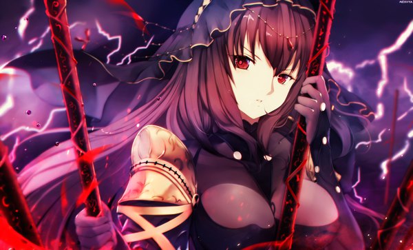 Anime picture 3500x2118 with fate (series) fate/grand order scathach (fate) (all) scathach (fate) nekoya (liu) single long hair looking at viewer blush fringe highres breasts light erotic hair between eyes red eyes wide image large breasts holding absurdres purple hair