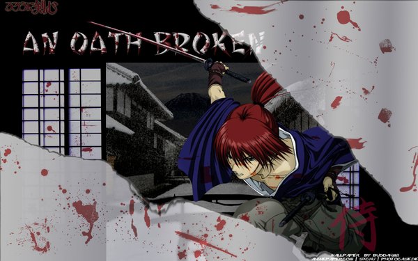 Anime picture 1680x1050 with rurouni kenshin himura kenshin wide image signed scar sword katana blood