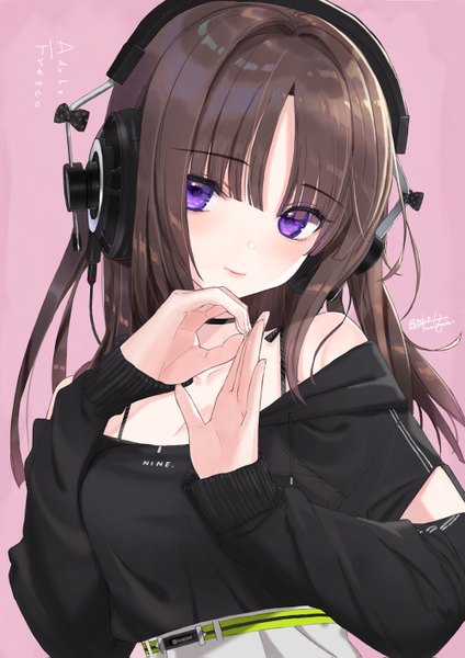 Anime picture 1000x1415 with original s'next final tsukigami luna single long hair tall image looking at viewer blush fringe simple background hair between eyes brown hair purple eyes signed payot upper body blunt bangs head tilt off shoulder sleeves past wrists