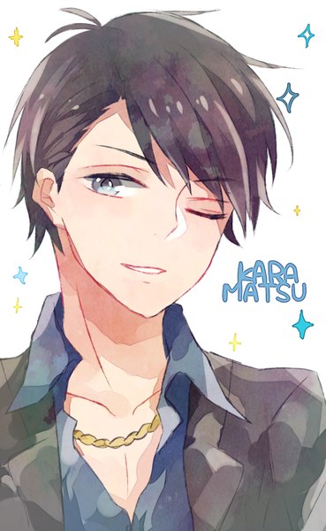 Anime picture 800x1300 with osomatsu-san matsuno karamatsu omamon single tall image short hair black hair simple background white background ahoge parted lips one eye closed sparkle grey eyes character names portrait open collar boy necklace