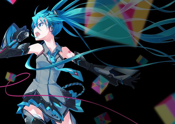 Anime picture 1600x1131 with vocaloid magical mirai (vocaloid) hatsune miku magical mirai miku magical mirai miku (2014) monq (artist) single open mouth blue eyes twintails looking away very long hair pleated skirt aqua hair wide sleeves official art tattoo zettai ryouiki singing girl