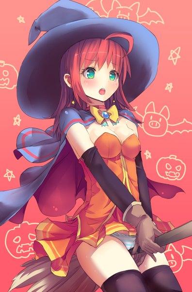 Anime picture 1024x1553 with magical halloween alice wishheart culter single long hair tall image blush breasts open mouth light erotic large breasts looking away cleavage ahoge red hair aqua eyes teeth pantyshot embarrassed cameltoe
