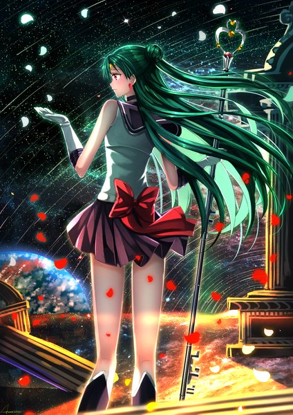 Anime picture 1102x1560 with bishoujo senshi sailor moon toei animation meiou setsuna sailor pluto swordsouls single long hair tall image blush red eyes signed green hair from behind hair bun (hair buns) half updo space girl skirt gloves bow