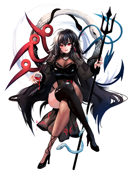 Anime picture 3700x5000 with touhou houjuu nue zerocat single long hair tall image looking at viewer fringe highres breasts light erotic black hair simple background hair between eyes red eyes large breasts white background holding absurdres full body