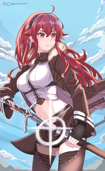 Anime picture 3300x5400 with mushoku tensei studio bind eris boreas greyrat knownameart single long hair tall image blush fringe highres breasts hair between eyes red eyes large breasts standing holding signed payot looking away absurdres