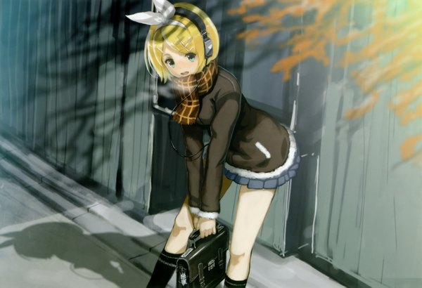 Anime picture 3159x2159 with vocaloid kagamine rin saitom single highres short hair open mouth blonde hair absurdres aqua eyes girl bow hair bow miniskirt socks jacket headphones scarf black socks school bag