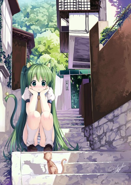 Anime picture 800x1131 with vocaloid hatsune miku caidychen long hair tall image light erotic sitting green eyes animal ears tail animal tail green hair cat ears cat girl cat tail pantyshot pantyshot sitting alley girl uniform