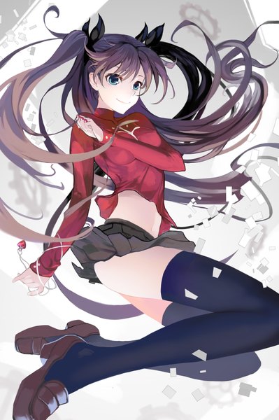 Anime picture 1158x1741 with fate (series) fate/stay night type-moon toosaka rin shengkong (prank) single long hair tall image fringe breasts blue eyes light erotic smile brown hair twintails holding looking away bent knee (knees) pleated skirt bare belly