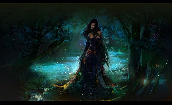 Anime picture 1280x786 with original anndr (artist) single long hair looking at viewer black hair brown hair wide image standing bare shoulders night dark skin light wavy hair framed lake dress plant (plants) detached sleeves tree (trees)