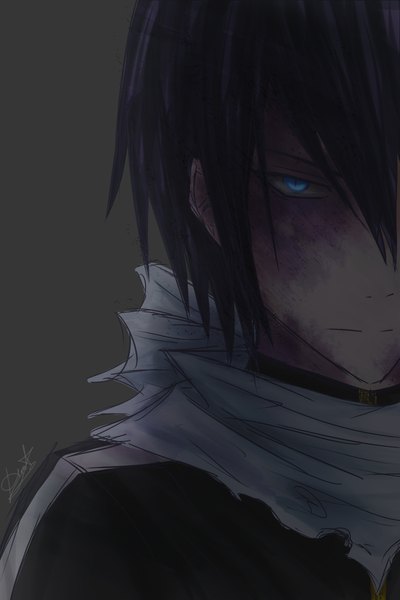 Anime picture 800x1200 with noragami studio bones yato (noragami) deaththebunny single tall image fringe short hair simple background signed purple hair aqua eyes grey background close-up face serious boy