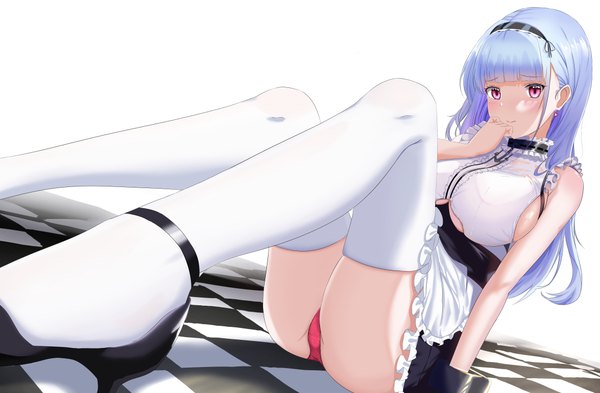 Anime picture 8842x5800 with azur lane dido (azur lane) haruto (nyannzou789) single long hair looking at viewer blush fringe highres breasts light erotic simple background white background sitting bare shoulders absurdres silver hair bent knee (knees) blunt bangs head tilt