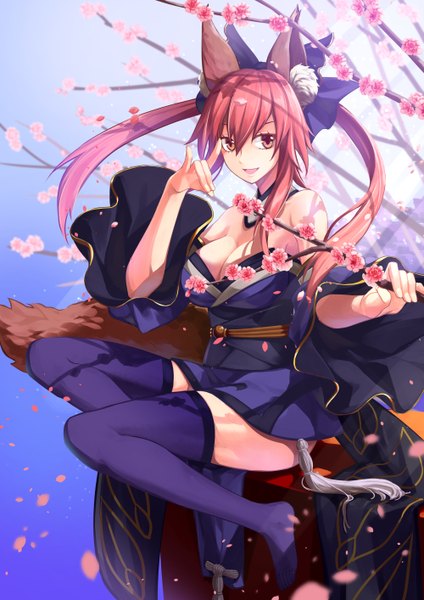 Anime picture 1000x1414 with fate (series) fate/grand order fate/extra fate/extra ccc tamamo (fate) (all) tamamo no mae (fate) jh single long hair tall image fringe breasts open mouth light erotic red eyes large breasts sitting twintails bare shoulders holding