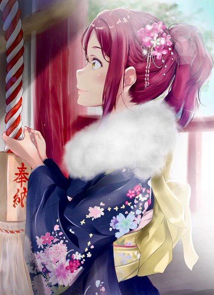 Anime picture 1365x1881 with love live! sunshine!! sunrise (studio) love live! sakurauchi riko prelude ls single long hair tall image blush fringe hair between eyes yellow eyes payot looking away sky upper body outdoors ponytail red hair traditional clothes