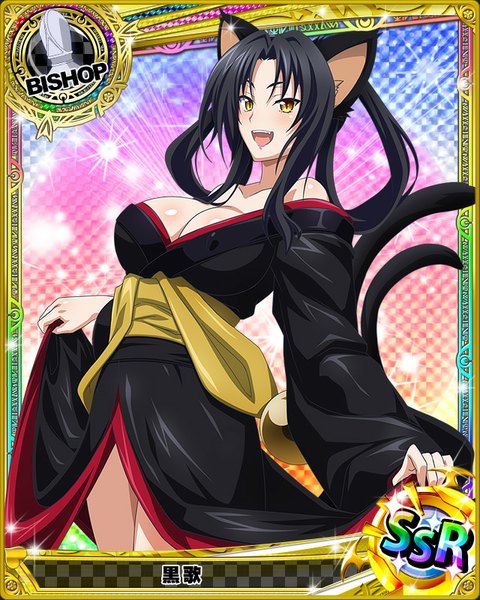 Anime picture 640x800 with highschool dxd kuroka (high school dxd) single long hair tall image looking at viewer breasts open mouth light erotic black hair animal ears yellow eyes cleavage tail traditional clothes japanese clothes animal tail cat ears cat girl cat tail