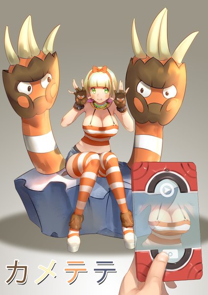 Anime picture 1200x1697 with pokemon moemon pokemon xy nintendo binacle ryushin single tall image looking at viewer blush short hair breasts light erotic blonde hair sitting green eyes cleavage gen 6 pokemon girl thighhighs