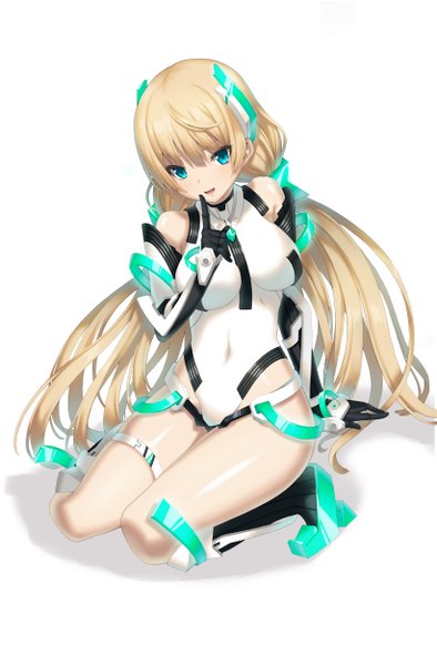 Anime picture 822x1250 with expelled from paradise angela balzac s-goon single long hair tall image looking at viewer blush fringe breasts open mouth blue eyes light erotic blonde hair large breasts white background sitting twintails bent knee (knees) alternate costume