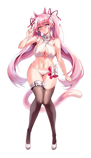 Anime picture 1800x3133 with original zerocat single long hair tall image looking at viewer blush fringe highres breasts blue eyes light erotic simple background large breasts standing white background animal ears pink hair full body tail