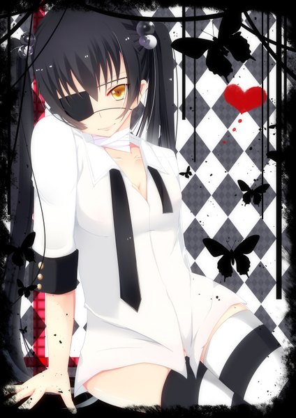 Anime picture 1157x1636 with original bloodcatblack (tsukiko) single long hair tall image black hair twintails yellow eyes girl thighhighs hair ornament shirt insect butterfly eyepatch striped thighhighs hair tie hair bobbles