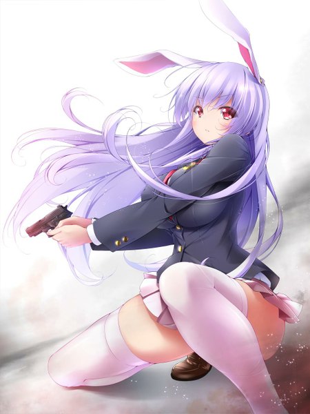Anime picture 1000x1333 with touhou reisen udongein inaba midoriiro no shinzou single long hair tall image looking at viewer blush fringe breasts red eyes large breasts holding animal ears purple hair bent knee (knees) pleated skirt bunny ears zettai ryouiki lens flare