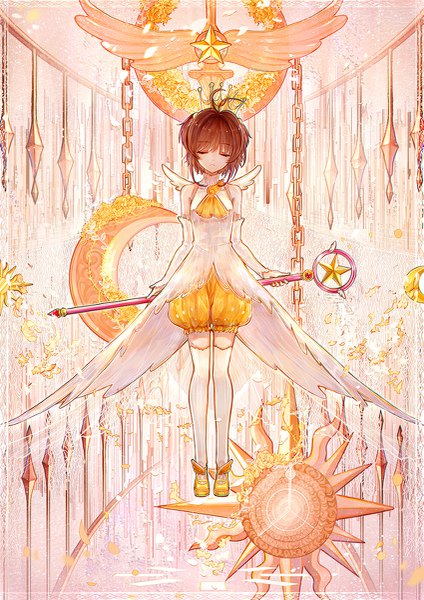 Anime picture 849x1200 with card captor sakura clamp kinomoto sakura bai qi-qsr single tall image fringe short hair brown hair standing bare shoulders holding full body ahoge eyes closed magical girl girl thighhighs detached sleeves white thighhighs