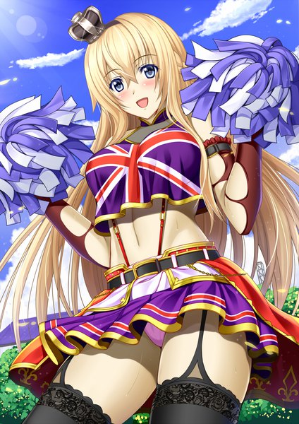 Anime picture 1446x2046 with kantai collection warspite (kantai collection) shibata rai single long hair tall image blush fringe open mouth blue eyes light erotic blonde hair hair between eyes sky cloud (clouds) midriff cheerleader girl thighhighs skirt