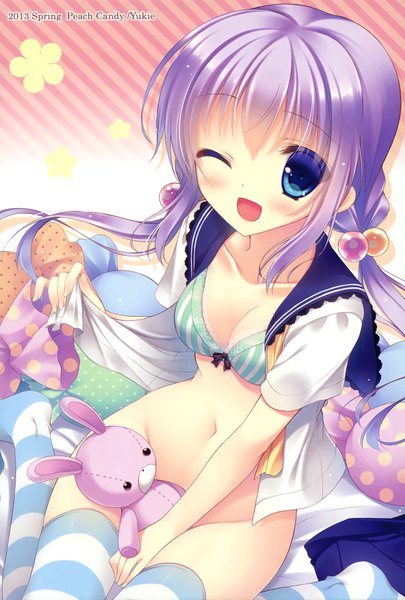 Anime picture 1530x2262 with yukie (peach candy) single long hair tall image blush open mouth blue eyes light erotic twintails purple hair one eye closed wink open clothes open shirt girl thighhighs navel toy stuffed animal striped thighhighs