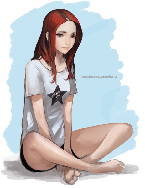 Anime picture 1545x2000 with original sakusaku (frostce) single long hair tall image red eyes sitting brown eyes full body barefoot bare legs no shoes indian style star print girl star (symbol) t-shirt