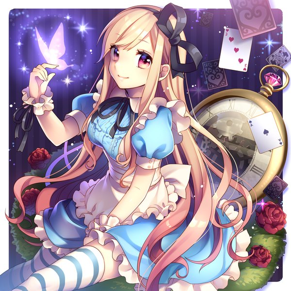 Anime picture 2000x2000 with alice in wonderland original alice (wonderland) masaru.jp single long hair looking at viewer blush highres blonde hair sitting light smile puffy sleeves magic fantasy cosplay butterfly on hand girl thighhighs dress