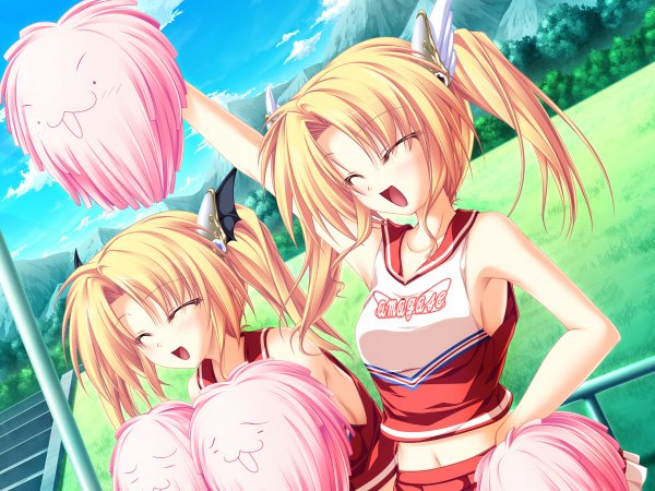 Anime picture 1200x900 with magus tale whirlpool (studio) nina geminis rena geminis blonde hair twintails game cg eyes closed midriff siblings twins cheerleader hair ornament hairclip pompon