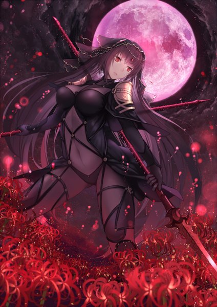 Anime picture 1000x1414 with fate (series) fate/grand order scathach (fate) (all) scathach (fate) cloudy.r single long hair tall image breasts light erotic red eyes looking away purple hair girl flower (flowers) weapon moon higanbana