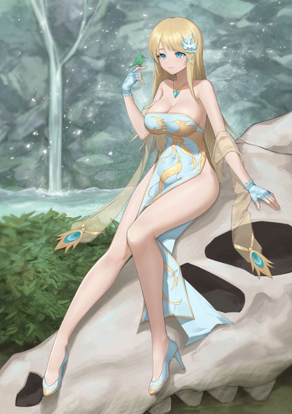Anime picture 1736x2456 with original miso (b7669726) single long hair tall image fringe highres breasts blue eyes light erotic blonde hair smile large breasts sitting looking away cleavage full body outdoors arm support high heels
