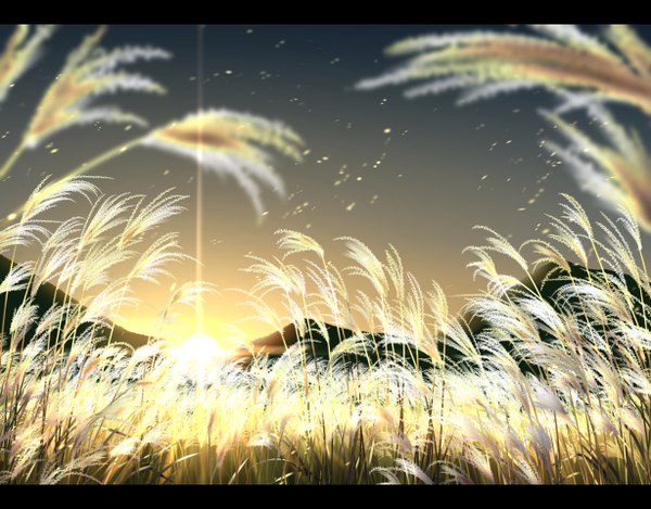 Anime picture 1228x960 with original nagishiro mito sky lens flare evening sunset mountain no people landscape plant (plants) susuki grass