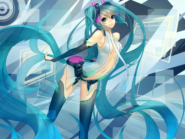 Anime picture 2000x1500 with vocaloid vocaloid append hatsune miku (append) mins (minevi) long hair highres blue eyes twintails blue hair very long hair girl thighhighs