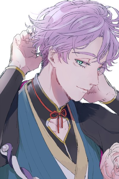 Anime picture 580x870 with touken ranbu nitroplus kasen kanesada maru0one single tall image short hair simple background white background green eyes purple hair upper body fingernails light smile adjusting hair alternate hairstyle alternate hair length boy