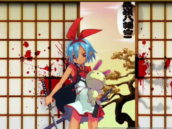 Anime picture 1600x1200 with disgaea pleinair usagi-san kuroboshi kouhaku single looking at viewer short hair red eyes blue hair dark skin blood stains girl weapon sword katana blood toy stuffed animal stuffed toy bunny