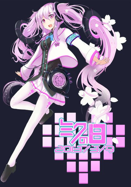 Anime picture 1126x1600 with vocaloid hatsune miku sakura miku beniyosweet009 single tall image looking at viewer twintails pink hair very long hair pink eyes hair flower inscription alternate costume dark background alternate color girl skirt hair ornament shoes