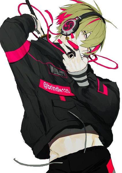 Anime picture 1448x2048 with original sakusya2honda single tall image looking at viewer fringe short hair simple background hair between eyes white background yellow eyes nail polish multicolored hair green hair streaked hair groin hand on face red nail polish long legs boy