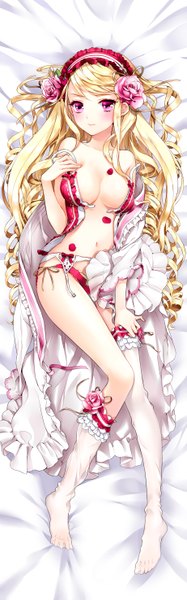 Anime picture 1843x5904 with sword girls cinia pacifica cocoon (loveririn) single long hair tall image blush highres breasts light erotic blonde hair full body pink eyes dakimakura (medium) girl thighhighs navel petals white thighhighs
