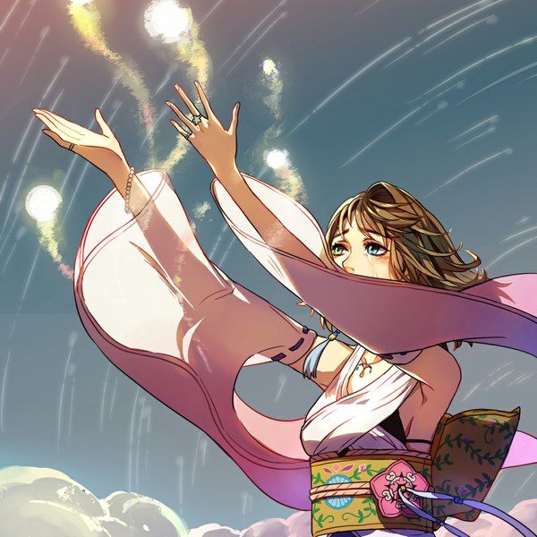 Anime picture 1000x1000 with final fantasy final fantasy x square enix yuna (ff10) nanjou (sumeragimishiro) single blush short hair blue eyes brown hair bare shoulders green eyes tears heterochromia magic looking up spread arms detached sleeves bracelet obi