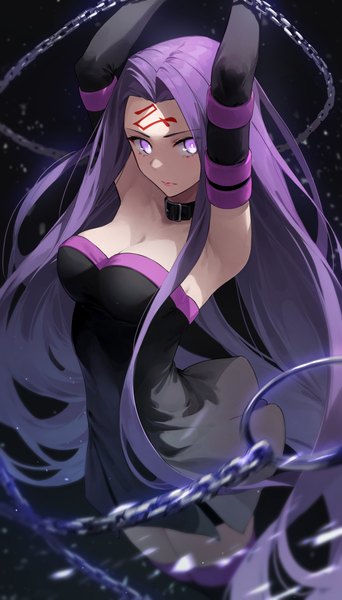 Anime picture 1500x2629 with fate (series) fate/stay night rider star741 single long hair tall image looking at viewer fringe breasts simple background standing purple eyes cleavage purple hair blurry arms up armpit (armpits) black background forehead mark