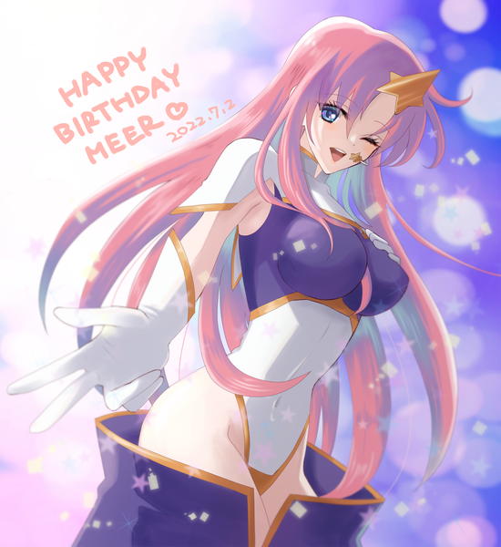 Anime picture 1500x1636 with mobile suit gundam gundam seed destiny sunrise (studio) meer campbell 184 (tatamiiwashi) single long hair tall image looking at viewer breasts open mouth light erotic large breasts pink hair one eye closed wink dated ;d happy birthday girl