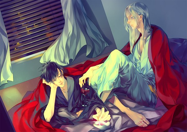 Anime picture 1280x905 with original aimee (pixiv1129113) long hair short hair black hair sitting eyes closed traditional clothes japanese clothes barefoot grey hair multiple boys grey eyes couple reclining hand on face boy kimono 2 boys curtains