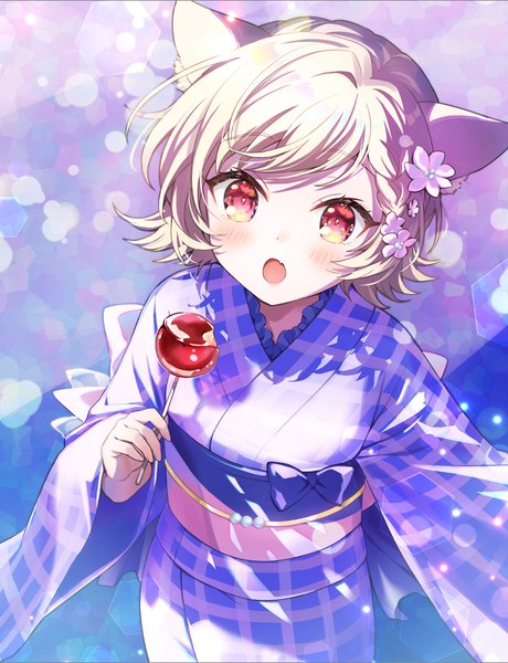 Anime picture 779x1017 with original sakuro single tall image blush short hair open mouth blonde hair red eyes animal ears traditional clothes japanese clothes hair flower from above cat ears :o fang (fangs) lens flare girl flower (flowers)
