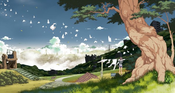 Anime-Bild 1400x751 mit original tatsuwo wide image sky landscape ruins plant (plants) animal tree (trees) bird (birds) laundry