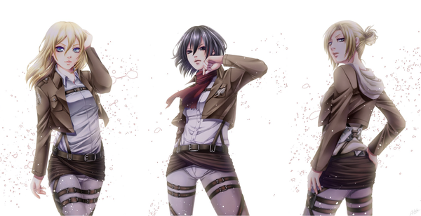 Anime picture 2100x1080 with shingeki no kyojin production i.g mikasa ackerman annie leonhart krista lenz achikoako long hair looking at viewer highres short hair blue eyes black hair simple background blonde hair wide image white background multiple girls looking back black eyes open clothes