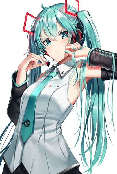 Anime picture 900x1331 with vocaloid hatsune miku superpig (wlstjqdla) single long hair tall image looking at viewer blush fringe simple background hair between eyes standing white background twintails nail polish aqua eyes fingernails aqua hair tattoo aqua nail polish