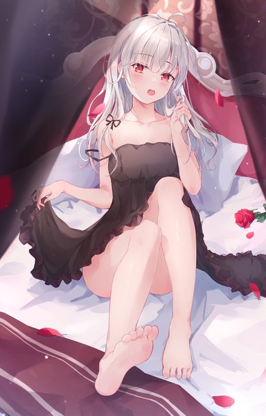 Anime picture 1496x2339 with original bai-hyacinth single long hair tall image looking at viewer open mouth light erotic red eyes sitting silver hair full body ahoge indoors barefoot bare legs strap slip convenient leg playing with hair sleepy