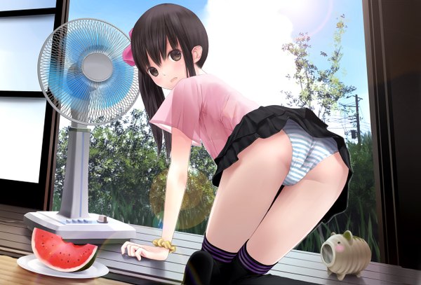 Anime picture 1326x900 with original chikuwa (odennabe) long hair looking at viewer blush open mouth light erotic black hair brown eyes bent knee (knees) ass ponytail looking back arm support embarrassed kneeling skirt lift wrist scrunchie knees touching girl