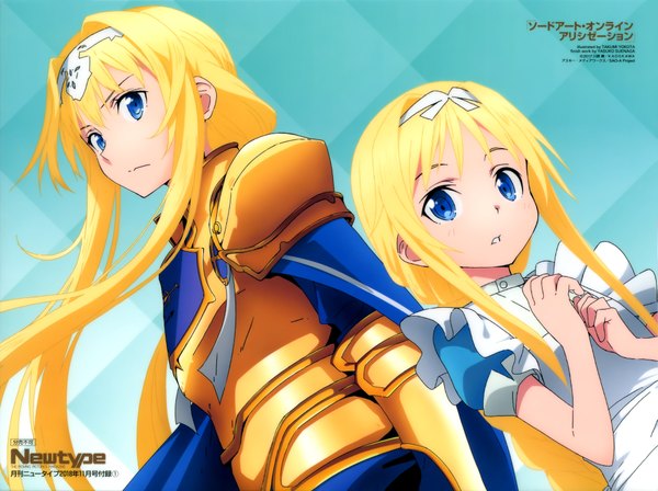 Anime picture 4026x3011 with sword art online sword art online: alicization a-1 pictures newtype alice zuberg yokota takumi long hair looking at viewer highres blue eyes blonde hair multiple girls payot absurdres braid (braids) scan official art copyright name dual persona aqua background