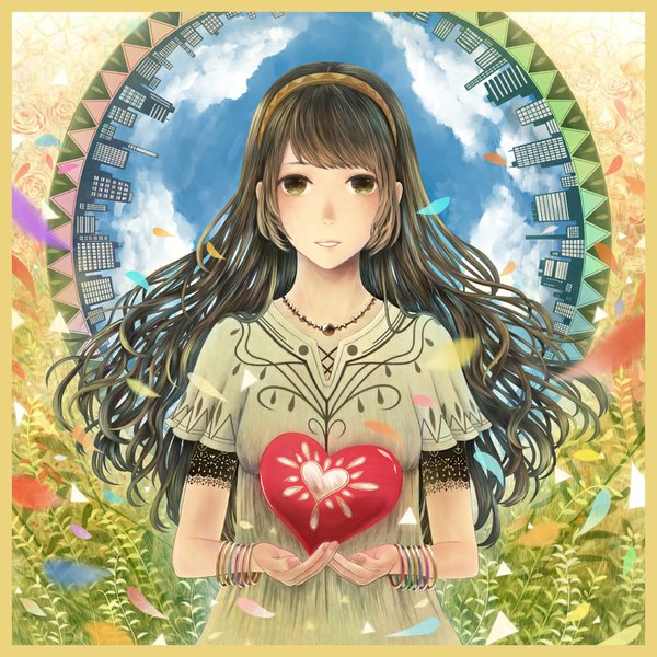 Anime picture 1000x1000 with original bounin single long hair looking at viewer black hair brown hair holding brown eyes green eyes sky cloud (clouds) light smile city framed dress flower (flowers) plant (plants) petals bracelet